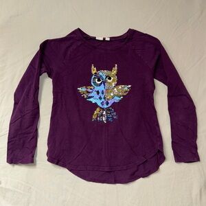 Owl Sequin Shirt Girl’s Large Purple Flippy Top Long Sleeve School Winter Play